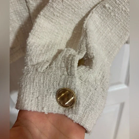 Zara Tweed Textured Gold Buttons Pockets Spring Cream Blazer Jacket Size Large - Picture 8 of 11